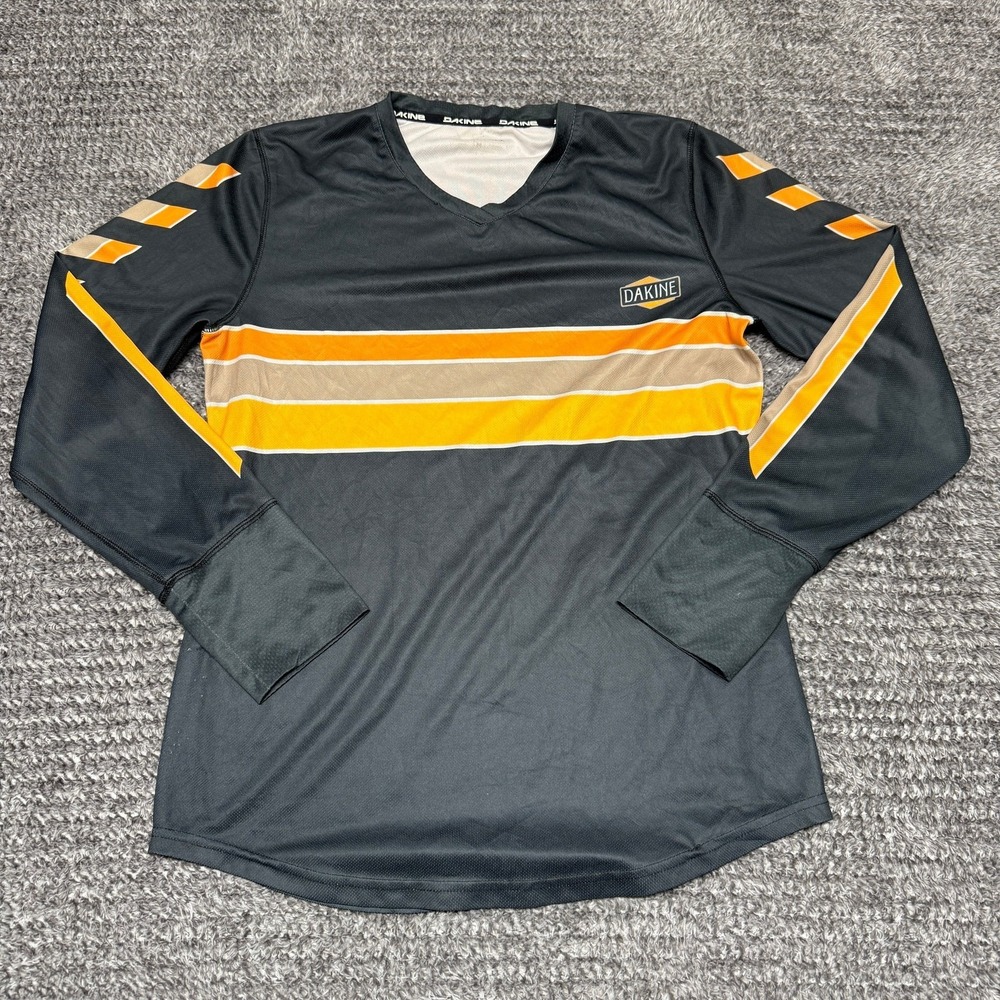 Dakine‎ Mens M Long Sleeve Performance V Neck Striped Dark Gray Orange Shirt